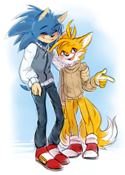 Size: 687x961 | Tagged: safe, artist:ilightningstari, miles "tails" prower, sonic the hedgehog, 2015, alternate outfit, arm around shoulders, blushing, duo, eyes closed, gloves off, looking at viewer, mouth open, pants, pointing, smile, standing, sweater