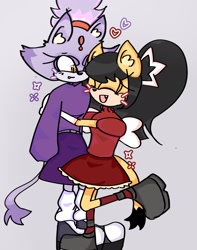 Size: 1500x1901 | Tagged: safe, artist:ktt_nsurgelover, blaze the cat, honey the cat, 2024, alternate outfit, blazebetes, blushing, cute, duo, eyes closed, grey background, heart, honaze, honeybetes, hugging, lesbian, looking at them, mouth open, one fang, shipping, simple background, smile, standing, standing on one leg, star (symbol)