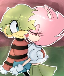 Size: 1116x1331 | Tagged: safe, artist:ktt_nsurgelover, amy rose, tekno the canary, 2024, abstract background, duo, eyes closed, fleetway amy, heart, holding them, kiss on cheek, lesbian, looking at them, outline, shipping, smile, standing, teknamy