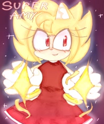 Size: 1116x1331 | Tagged: safe, artist:ktt_nsurgelover, amy rose, 2024, abstract background, blushing, character name, ear fluff, looking offscreen, smile, sparkles, super amy, super form