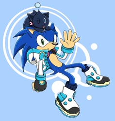 Size: 871x918 | Tagged: safe, artist:samsonic, sonic the hedgehog, chao, hedgehog, aoba seragaki, blue fur, cosplay, dramatical murder, green eyes, headphones, jacket, leg warmers, male, shoes, single fingerless glove