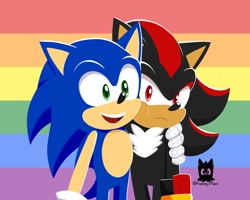 Size: 1500x1200 | Tagged: safe, artist:fanneyplum, shadow the hedgehog, sonic the hedgehog, sonic prime, 2024, arm around shoulders, duo, frown, gay, gay pride, looking at viewer, looking offscreen, pride, pride flag background, redraw, shadow x sonic, shipping, signature, smile, standing