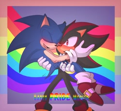 Size: 1602x1475 | Tagged: safe, artist:odsonadow, shadow the hedgehog, sonic the hedgehog, 2023, blushing, border, carrying them, cute, duo, english text, eyes closed, gay, gay pride, hands on another's face, looking at them, mouth open, pride, rainbow, shadow x sonic, shipping, signature, smile, wagging tail