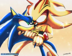 Size: 2048x1613 | Tagged: safe, artist:candyypirate, shadow the hedgehog, sonic the hedgehog, super shadow, alternate universe, au:game on (candyypirate), carrying them, duo, fanfiction art, gay, gradient background, looking at each other, shadow x sonic, shipping, signature, sparkles, super form