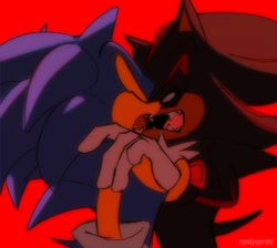 Size: 1408x1263 | Tagged: safe, artist:candyypirate, shadow the hedgehog, sonic the hedgehog, alternate universe, au:game on (candyypirate), duo, eyes closed, fangs, gay, holding each other, mouth open, red background, shadow x sonic, shipping, signature, simple background, standing