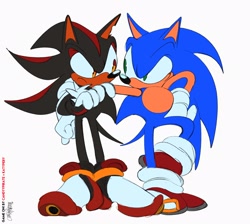 Size: 2048x1836 | Tagged: safe, artist:candyypirate, shadow the hedgehog, sonic the hedgehog, 2024, alternate universe, arm around shoulders, arms folded, au:game on (candyypirate), duo, flat colors, frown, gay, hand on hip, looking at each other, shadow x sonic, shipping, signature, simple background, smile, standing, white background