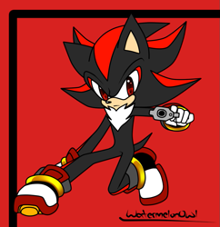 Size: 775x800 | Tagged: safe, artist:watermelonowl, shadow the hedgehog, hedgehog, black fur, flat colors, gloves, gun, male, red eyes, red fur, shoes