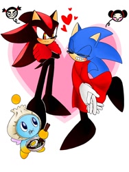 Size: 768x1024 | Tagged: safe, artist:ayol_7, shadow the hedgehog, sonic the hedgehog, chao, 2024, cosplay, eating, food, heart, neutral chao, pucca, simple background, smile, trio, white background