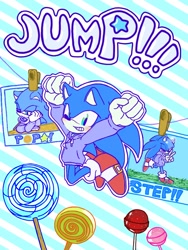 Size: 768x1024 | Tagged: safe, artist:ayol_7, sonic the hedgehog, candy, english text, food, hoodie, lollipop, multiple views, solo, star (symbol), striped background