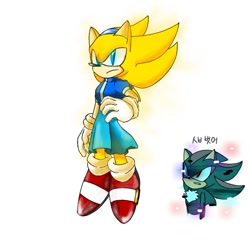 Size: 768x768 | Tagged: safe, artist:ayol_7, maria robotnik, shadow the hedgehog, sonic the hedgehog, super sonic 2, sonic frontiers, 2024, cosplay, crossdressing, duo, korean text, simple background, super form, white background