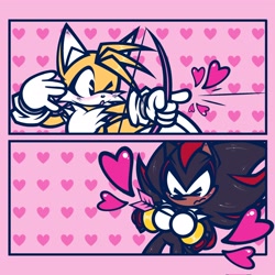 Size: 2048x2048 | Tagged: safe, artist:pinklapony_, miles "tails" prower, shadow the hedgehog, 2024, arrow, arrow through heart, blushing, bow (weapon), cute, duo, gay, heart, shadails, shadowbetes, shipping, tailabetes