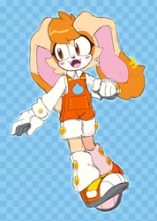 Size: 1461x2048 | Tagged: safe, artist:kikikaela, cream the rabbit, 2021, abstract background, aged up, alternate universe, blushing, checkered background, clothes, ear piercing, earring, eyelashes, fangs, looking offscreen, mouth open, older, outline, overalls, smile, trans boy cream, trans male, transgender