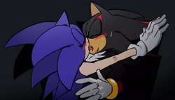 Size: 2048x1180 | Tagged: safe, artist:sonslivshad, shadow the hedgehog, sonic the hedgehog, 2024, against wall, black background, blushing, drooling, duo, eyes closed, gay, holding them, kiss, making out, mouth open, saliva, shadow x sonic, shipping, simple background, standing, sweatdrop, tongue out