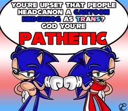 Size: 2048x1777 | Tagged: safe, artist:miwwieuwuart, sonic the hedgehog, 2022, alone on a friday night, dialogue, duo, english text, fistbump, god you're pathetic, hand on hip, lidded eyes, looking at viewer, meme, pride flag background, self paradox, signature, standing, top surgery scars, trans female, trans male, trans pride, transgender, uekawa style