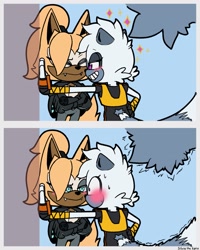 Size: 1639x2048 | Tagged: safe, artist:silviathelynx, tangle the lemur, whisper the wolf, 2024, against wall, blushing, duo, leaning in, lesbian, redraw, shipping, signature, sparkles, standing, sweatdrop, tangle x whisper