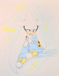 Size: 1573x2048 | Tagged: safe, artist:kazuna_endi, silver the hedgehog, 2024, alternate outfit, sitting, solo, traditional media