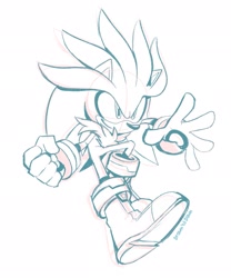 Size: 1703x2048 | Tagged: safe, artist:drawntildawn, silver the hedgehog, hedgehog, 2024, boots, clenched fist, gloves, line art, looking offscreen, reaching out, simple background, sketch, smile, white background