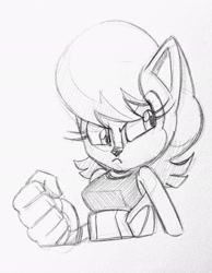 Size: 1590x2048 | Tagged: safe, artist:schauvel, sally acorn, 2024, bust, clenched fist, frown, line art, looking offscreen, solo, standing, traditional media