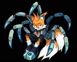 Size: 2048x1645 | Tagged: safe, artist:straybird25, miles "tails" prower, nine, sonic prime, arms folded, black background, frown, lidded eyes, looking at viewer, simple background, sitting, solo