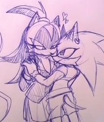 Size: 1368x1604 | Tagged: safe, artist:lm-tomatito, shadow the hedgehog, sonic the hedgehog, 2024, blushing, duo, heart, holding hands, lesbian, line art, looking at each other, r63 shipping, shadow x sonic, shipping, sketch, smile, traditional media