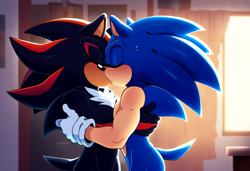 Size: 1216x832 | Tagged: safe, ai art, artist:dreamup.ai, shadow the hedgehog, sonic the hedgehog, 2024, abstract background, blushing, eyes closed, gay, gloves off, indoors, kiss, prompter:looksall, shadow x sonic, shipping, standing, sweatdrop