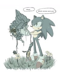 Size: 988x1245 | Tagged: safe, artist:goatt344, metal sonic, sonic the hedgehog, broken, dialogue, duo, english text, flower, grass, holding them, looking at them, robot, simple background, speech bubble, standing, white background