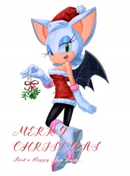 Size: 1522x2048 | Tagged: safe, artist:goatt344, rouge the bat, alternate outfit, christmas, christmas outfit, english text, hat, holding something, looking at viewer, mistletoe, santa hat, simple background, white background