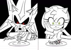 Size: 1748x1240 | Tagged: safe, artist:ssedgehog, amy rose, metal sonic, neo metal sonic, black background, duo, greyscale, head rest, looking at them, monochrome, plate, robot, simple background, spot color