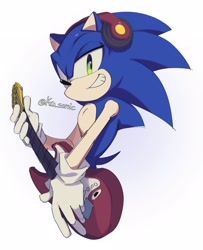 Size: 1661x2048 | Tagged: safe, artist:kou_sonic, sonic the hedgehog, 2025, guitar, headphones, holding something, lidded eyes, looking at viewer, signature, simple background, smile, solo, white background