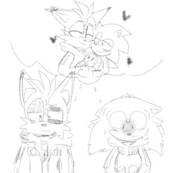 Size: 1280x1280 | Tagged: safe, artist:eliaswal999, miles "tails" prower, nine, sonic the hedgehog, 2025, alternate universe, baby, blushing, clothes, crossover, cute, duo, fankid, frown, heart, line art, magical gay spawn, monochrome, nine x sonic, older, parent:sonic, parent:tails, parents:sontails, shipping, simple background, smile, squid game, standing, thought bubble, white background