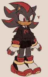 Size: 1110x1754 | Tagged: safe, artist:boogercats, shadow the hedgehog, 2025, beige background, clothes, cute, fingerless gloves, frown, heart, looking offscreen, shadow's logo, shadowbetes, shorts, simple background, solo, standing, sweatdrop, sweater