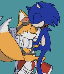 Size: 1781x2048 | Tagged: safe, artist:thornsntails, miles "tails" prower, sonic the hedgehog, 2025, blue background, duo, eyes closed, gay, holding each other, lying down, mouth open, shipping, simple background, snuggling, sonic boom (tv), sonic x tails