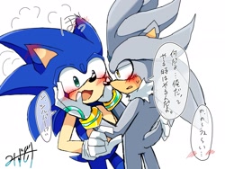 Size: 2048x1536 | Tagged: safe, artist:mizu-doke, silver the hedgehog, sonic the hedgehog, 2025, blushing, blushing ears, dialogue, duo, gay, hands on another's face, japanese text, lidded eyes, looking at each other, mouth open, shipping, signature, simple background, sonilver, speech bubble, standing, surprised, white background