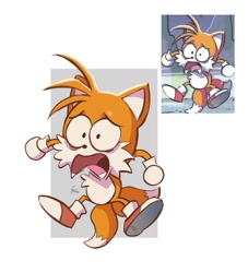 Size: 909x1001 | Tagged: safe, artist:freessso, miles "tails" prower, 2025, abstract background, faic, looking offscreen, mid-air, redraw, reference inset, shocked, signature, solo