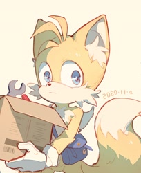 Size: 2200x2700 | Tagged: safe, artist:c52278, artist:狗不理栗子好吃吗, miles "tails" prower, 2020, bag, box, carrying something, cream background, cute, ear fluff, frown, holding something, looking at viewer, screwdriver, simple background, solo, standing, wrench