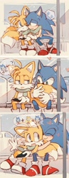 Size: 1769x4547 | Tagged: safe, artist:c52278, artist:狗不理栗子好吃吗, miles "tails" prower, sonic the hedgehog, 2020, abstract background, blushing, bus, cold, comic, cute, duo, gay, heart, holding tail, hugging, leaning in, outdoors, phone, scarf, shipping, sitting, snow, snowing, sonic x tails