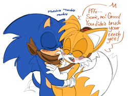 Size: 1370x1033 | Tagged: safe, artist:ilovetails, miles "tails" prower, sonic the hedgehog, 2025, blushing, cute, dialogue, duo, english text, eyes closed, gay, holding each other, kiss on cheek, mwah, one fang, sfx, shipping, simple background, sketch, sonabetes, sonic boom (tv), sonic x tails, standing, tailabetes, wagging tail, white background