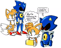 Size: 2000x1575 | Tagged: safe, artist:ilovetails, metal sonic, miles "tails" prower, 2025, black sclera, crack shipping, duo, english text, gay, holding something, looking at each other, metails, miles electric, robot, standing, thought bubble