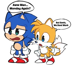 Size: 800x723 | Tagged: safe, artist:mimiipyon, miles "tails" prower, sonic the hedgehog, 2025, :o, arms out, chibi, cute, dialogue, duo, english text, flat colors, i hate mondays, lidded eyes, looking offscreen, mouth open, simple background, sonabetes, speech bubble, standing, tailabetes, white background