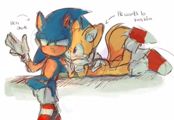 Size: 2048x1417 | Tagged: safe, artist:0seup_666, editor:sontailsreddit, miles "tails" prower, sonic the hedgehog, 2025, blushing, duo, edit, english text, gay, holding each other, looking at them, lying on front, mouth open, shipping, simple background, sitting, sketch, smile, sonic x tails, talking, upscaled, white background