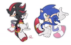 Size: 1440x905 | Tagged: safe, artist:sol_sth, shadow the hedgehog, sonic the hedgehog, sonic adventure, sonic adventure 2, 2025, adventure pose, duo, frown, looking at viewer, posing, redraw, signature, simple background, smile, white background