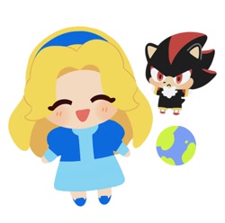 Size: 1158x1150 | Tagged: safe, artist:kumoggu, maria robotnik, shadow the hedgehog, human, chibi, cute, duo, earth, eyes closed, frown, mariabetes, planet, shadowbetes, simple background, smile, white background