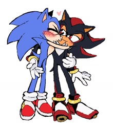 Size: 1627x1853 | Tagged: safe, artist:chaodaycare, shadow the hedgehog, sonic the hedgehog, 2025, blushing, cute, duo, eyes closed, gay, heart, holding each other, kiss on cheek, lidded eyes, looking at them, shadow x sonic, shipping, simple background, smile, standing, white background