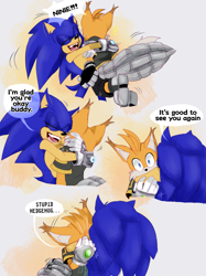 Size: 2029x2718 | Tagged: safe, artist:artkotaro08017, miles "tails" prower, nine, sonic the hedgehog, sonic prime, 2023, dialogue, duo, english text, eyes closed, gradient background, holding each other, hugging, mouth open, smile, speech bubble, wide eyes