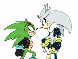 Size: 2048x1564 | Tagged: safe, artist:fotiakouneli, scourge the hedgehog, silver the hedgehog, 2025, clenched teeth, duo, frown, jacket, looking at each other, simple background, smile, socks, standing, white background