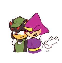 Size: 658x668 | Tagged: safe, artist:infinyxworlds, espio the chameleon, shadow the hedgehog, the murder of sonic the hedgehog, arm around shoulders, blushing, cute, duo, espibetes, eyes closed, frown, lidded eyes, looking at them, mouth open, shadowbetes, simple background, talking, white background