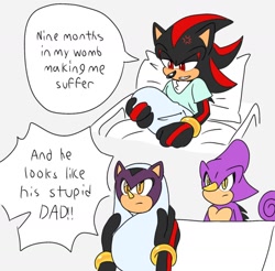 Size: 1600x1572 | Tagged: safe, artist:aridombo, espio the chameleon, shadow the hedgehog, hybrid, 2025, baby, cross popping vein, dialogue, duo, english text, fankid, frown, gay, grey background, holding them, hospital bed, implied pregnancy, magical gay spawn, meme, nine months in my womb, parent:espio, parent:shadow, parents:shadpio, shadpio, shipping, simple background, speech bubble