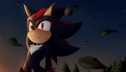 Size: 2048x1178 | Tagged: safe, artist:yami_pu3lla, shadow the hedgehog, 2025, clenched teeth, leaf, looking offscreen, nighttime, outdoors, solo, standing, star (sky), tree