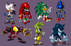 Size: 1920x1242 | Tagged: safe, artist:tyler mcgrath, e-123 omega, jet the hawk, metal sonic, sonic the hedgehog, surge the tenrec, 2025, black sclera, group, metal knuckles, purple background, robot, signature, simple background, sonic the werehog, standing, were form, werehog