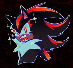 Size: 2048x1909 | Tagged: safe, artist:choryxi, shadow the hedgehog, 2025, black background, bust, eyelashes, looking at viewer, mouth open, outline, sharp teeth, simple background, solo, sparkles